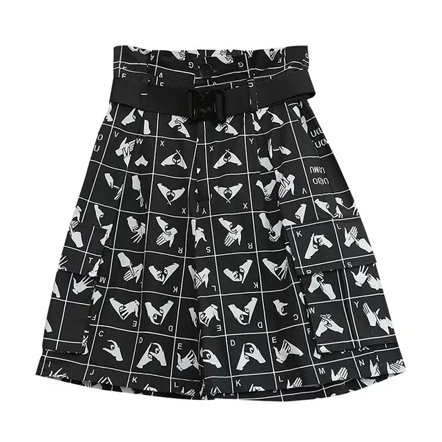 木果果木 高腰印花个性潮酷五分宽松工装短裤 女款 黑色