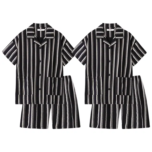 好福份 翻领开衫条纹休闲简约可外穿家居服夏季睡衣套装 男女同款