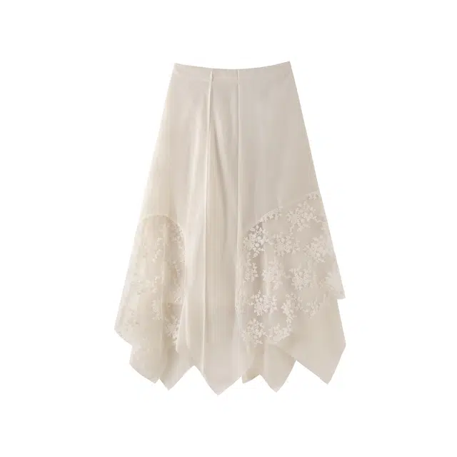 花栗鼠小姐 柔雾月光重工感蕾丝拼接不规则垂坠感中长款休闲长裙 女款 米杏色