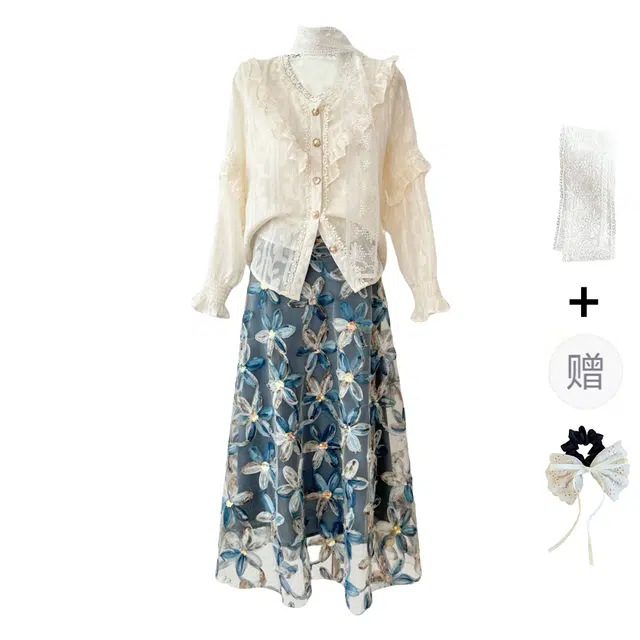 涂诗菲 法式宫廷风复古重工设计感荷叶边显瘦立体花朵半身裙裙装套装 女款