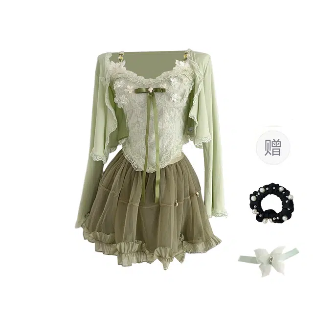 雾闪闪 法式千金公主纯欲风开衫花朵蕾丝吊带上衣半身裙裙装套装 女款 绿色