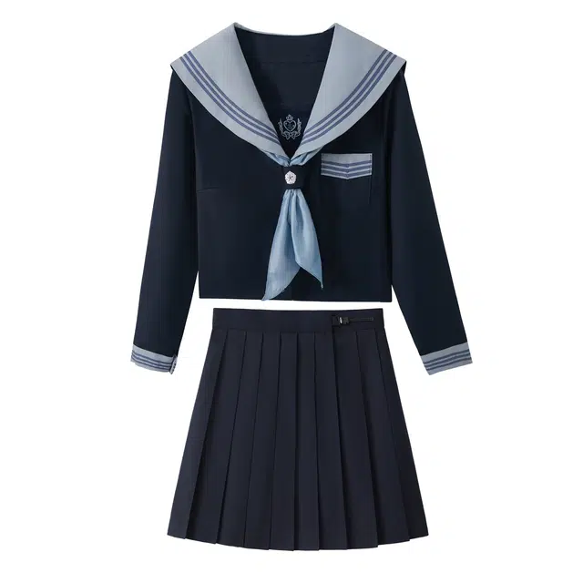 花山家的猫 海军领舒适长袖水手服高腰简约百褶短裙制服 女款 藏青色