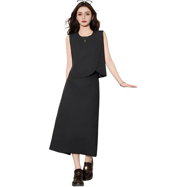 法文箱子 时尚洋气上衣纯色半身裙裙装套装 女款 黑色