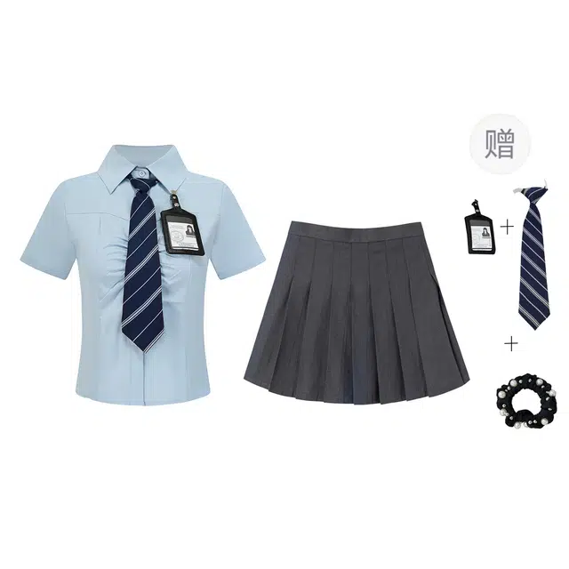 雾闪闪 学院风两件套小清新褶皱短袖衬衫高腰短裙裙装套装 女款
