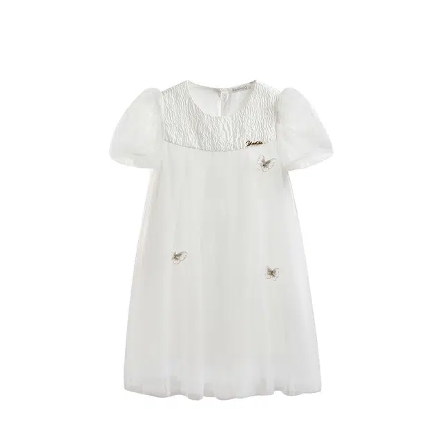 英氏 童装 网纱蝴蝶装饰泡泡袖公主连衣裙中大童仙气裙子儿童连衣裙 女童