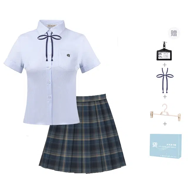 冰淇淋与鲸 学院风甜美收腰高级感短袖衬衫日常百搭百褶裙制服 女款 蓝色方领细条纹短衬+雾霭鲸格裙  买赠送领结+校章