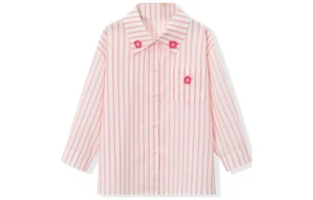 梦特娇 童装 立体花朵条纹植物花卉长袖衬衫 女童 粉色