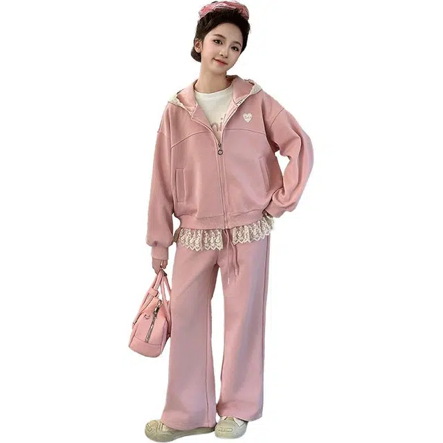 雅鹿休闲运动套装 连帽拉链舒适亲肤百搭 粉色 儿童款