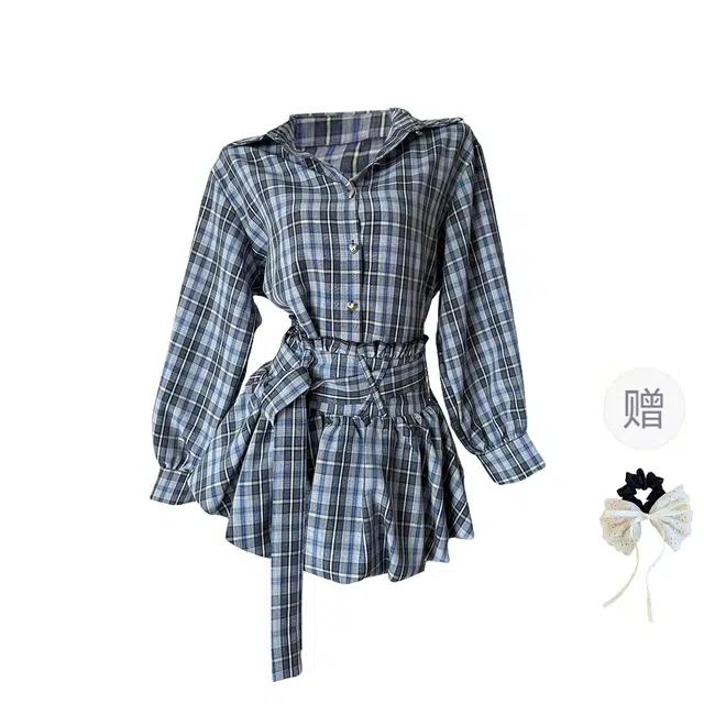 涂诗菲 韩系复古长袖宽松衬衫高腰显瘦花苞裙装套装 女款 蓝色