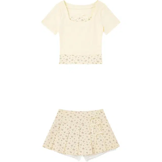 哒头下雨不愁 美式碎花假两件上衣半身短裙两件套女夏季辣妹纯欲小个子裙装套装 女款