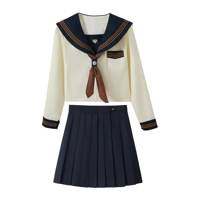 花山家的猫 海军领舒适简约长袖上衣高腰通勤短款百褶制服 女款