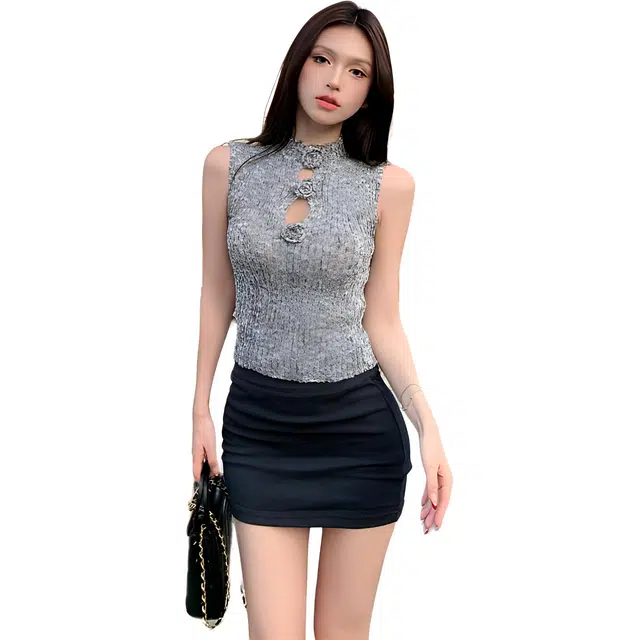 小菊川栗 立领无袖针织修身裙装套装 女款 灰色