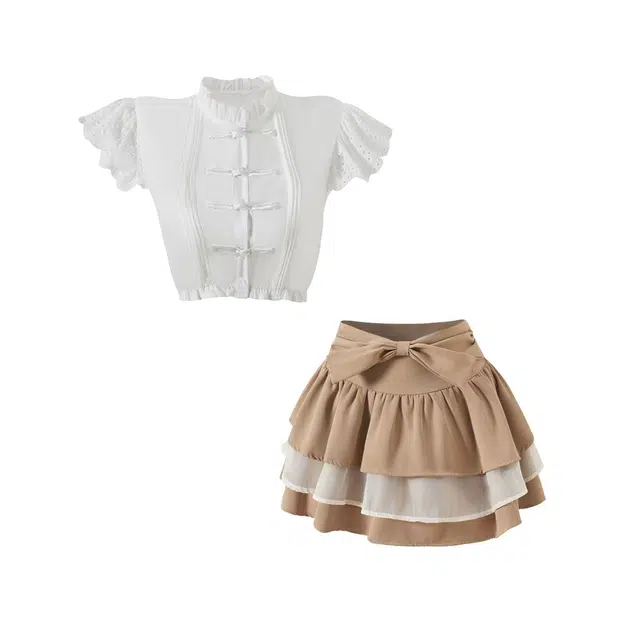 花山家的猫 新中式收腰泡泡短袖衬衫蝴蝶结双色蛋糕裙制服 女款