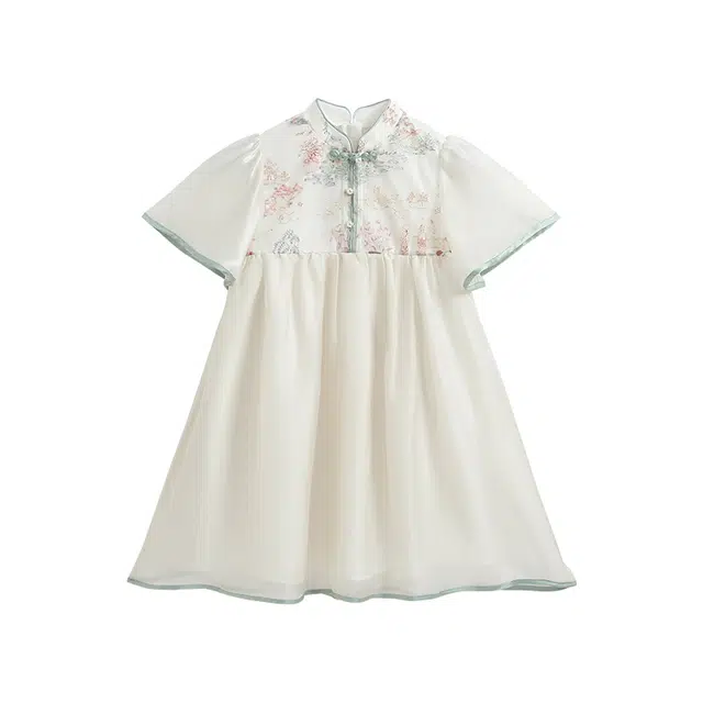 【新中式】英氏儿童连衣裙 儿童款 复古一字盘扣雪纺飞袖国风刺绣裙装