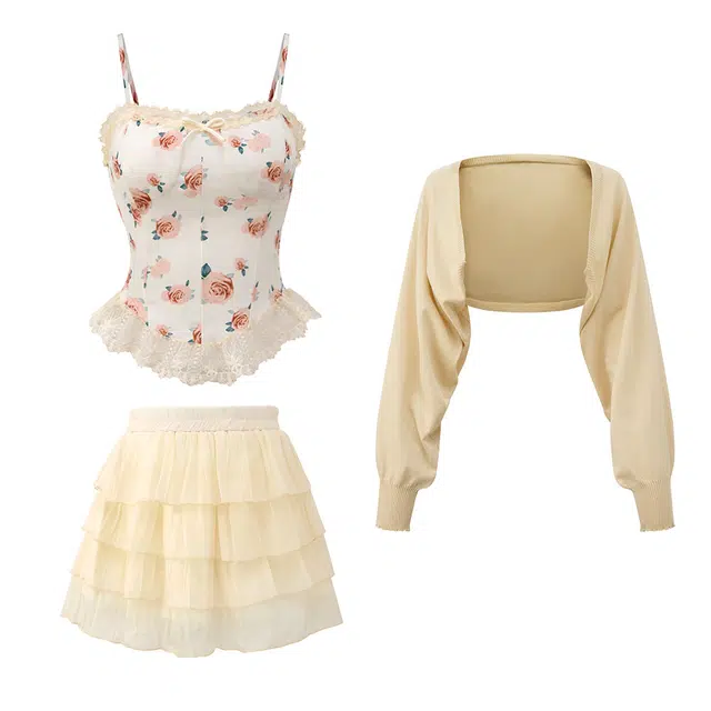 花山家的猫 纯欲甜美印花蕾丝吊带上衣配蛋糕裙防晒开衫半身裙百褶裙套装制服 女款 三件套