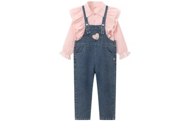 梦特娇 荷叶边长袖衬衫牛仔背带裤衬衫套装 儿童款 粉色