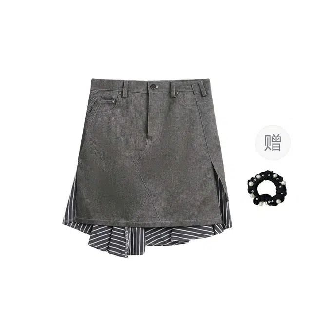 雾闪闪 解构多面穿拼接不规则半身毛边斜纹中长休闲短裙 女款