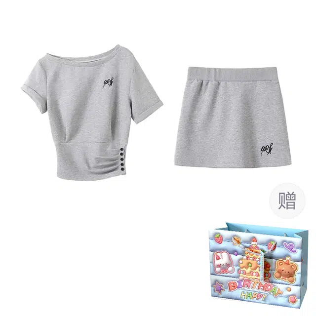 轻迎 舒适休闲简约短袖上衣纯色百搭半身裙裙装套装 女款 灰色
