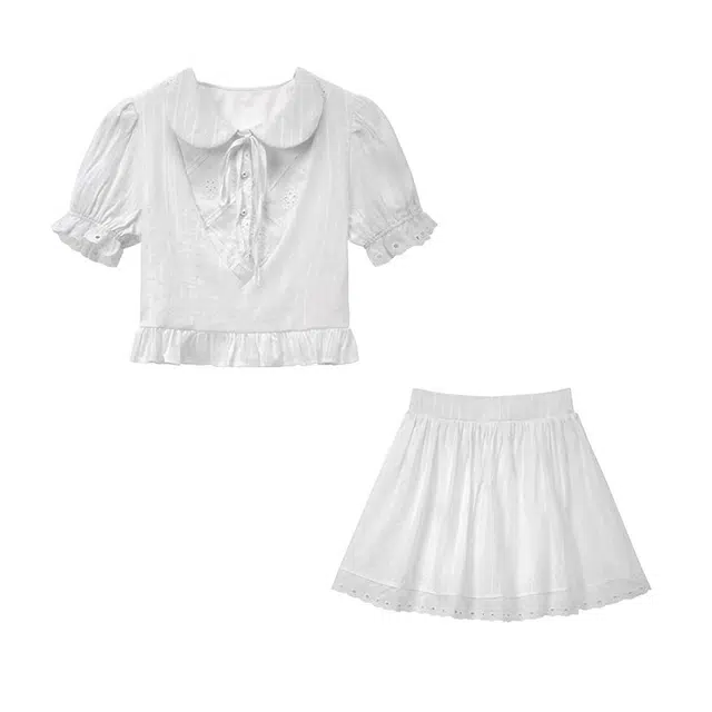 花山家的猫 纯色娃娃领泡泡袖短袖衬衫短裙制服 女款