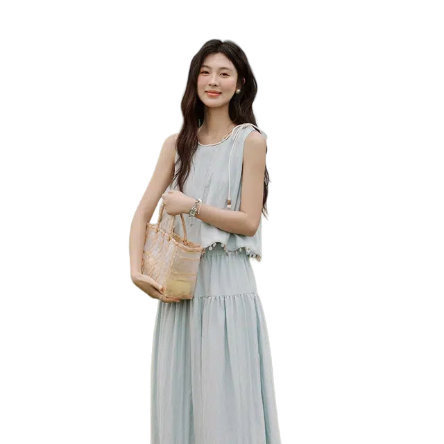 谜秀 田园风氧气感小清新上衣百搭日常休闲长裙裙装套装 女款 奶油蓝