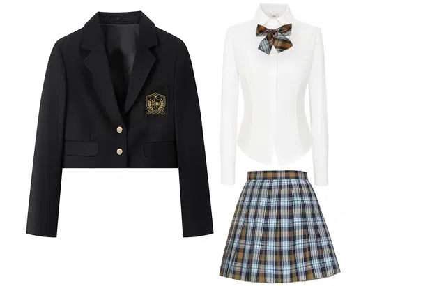 九条喵 学院风刺绣西装外套收腰长袖衬衫百褶裙制服 女款