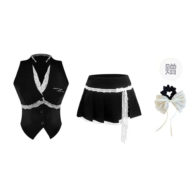 涂诗菲 学院风蕾丝拼接无袖上衣百褶舒适半身裙裙装套装 女款