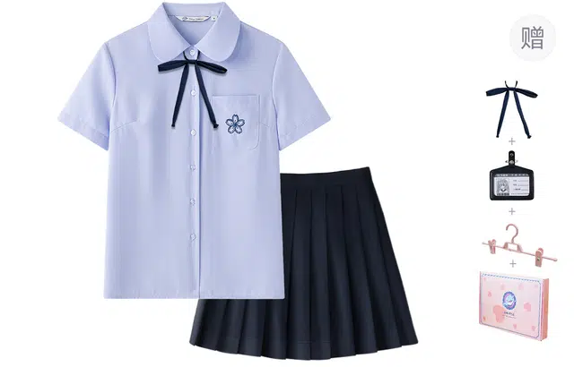 东鲸岁时记 学院风短袖衬衣宽松蝴蝶结慵懒风制服 女款 礼盒装 蓝色衬衫+藏青色百褶裙  买赠小物+挂牌+裙夹