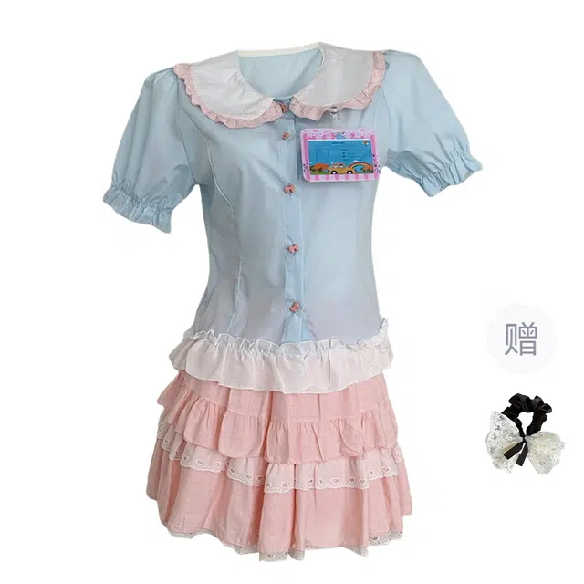 涂诗菲 学院风多巴胺撞色娃娃领设计感花边短袖衬衫高腰显瘦绝美蛋糕裙裙装套装 女款