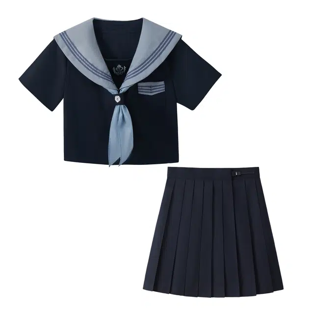 花山家的猫 海军领水手服舒适短袖上衣高腰简约短款百褶裙制服 女款