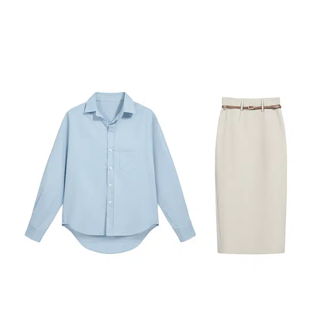 敲模女孩 法式设计感休闲宽松衬衣后开叉高腰包臀半身裙裙装套装 女款