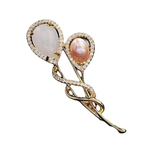 山一丸 复古气质领口珍珠镶锆石国风旗袍胸花告白气球 铜 胸针 女款