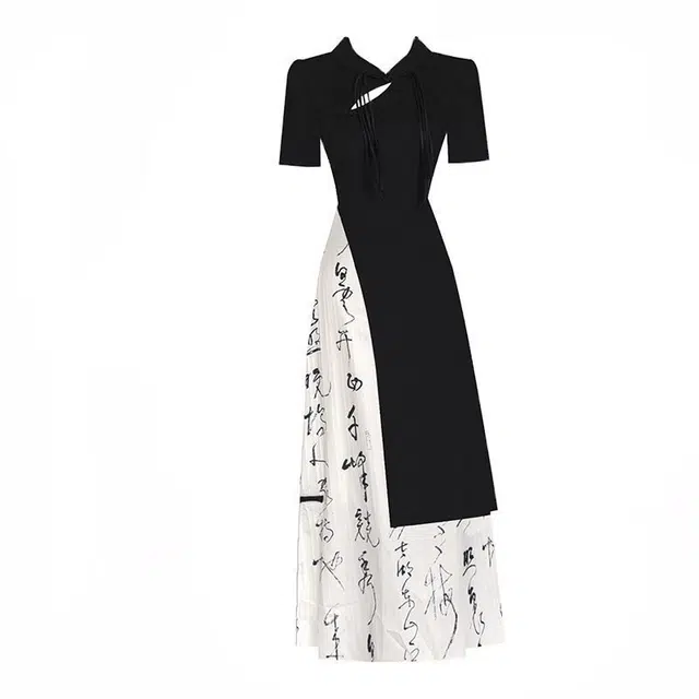 费尔岛上的猫 新中式不规则立领短袖上衣水墨画高腰半身裙裙装套装 女款