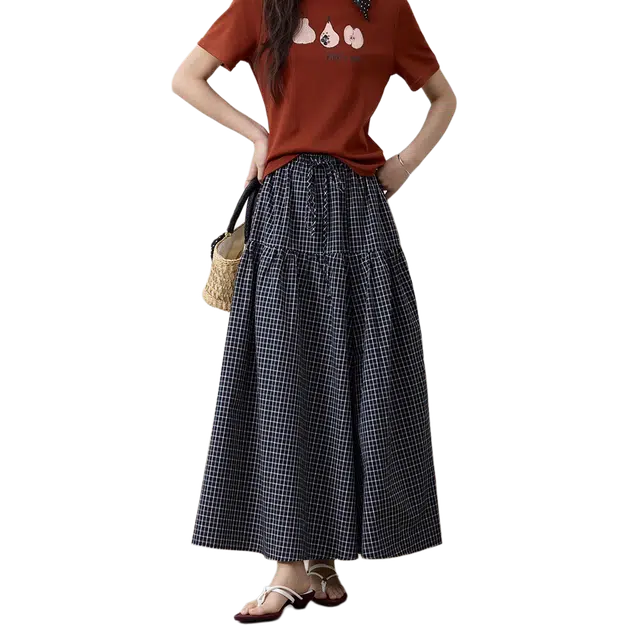 谜秀 学院风百搭高腰格子半身裙休闲长裙 女款