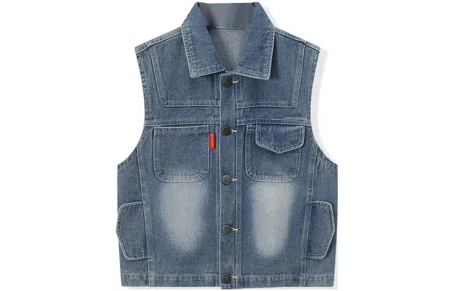 梦特娇 童装 单排扣水洗磨白牛仔马甲 男童女童 牛仔蓝