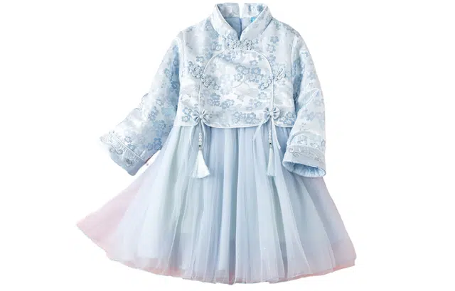 十月妈咪 童装 中国风网纱长袖儿童汉服连衣裙 女童