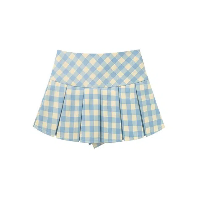 哒头下雨不愁 格子百褶裙学院韩版防走光高腰休闲短裙 女款 蓝色