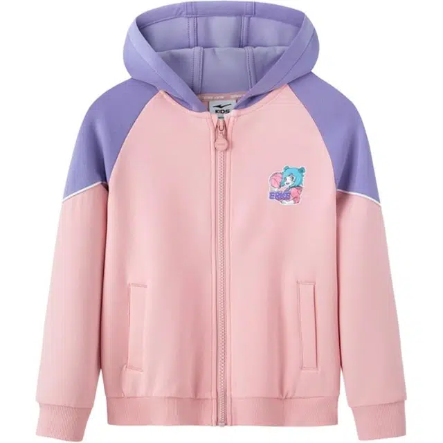 鸿星尔克 卡通动漫拼色拉链连帽开衫卫衣 柔粉红中小童