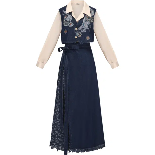 织造司 织造司[蓝鸢]原创短款绣花翻领内搭毛边牛仔改良蓝鸢汉服 女款