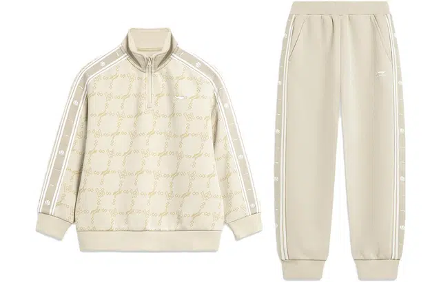 李宁儿童 篮球系列 套头立领卫衣松紧腰卫裤休闲运动套装 儿童款 海岸灰满印