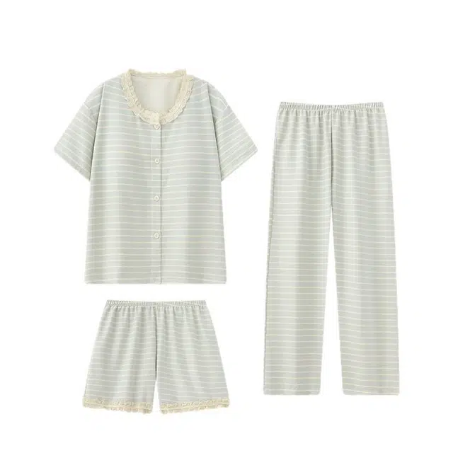 花蔓色 短袖条纹三件装休闲甜美可外穿家居服舒适亲肤夏季睡衣套装 女款