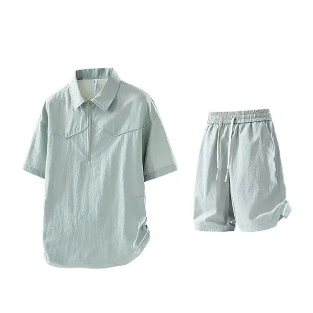 哲源 美式高街潮流翻领半开拉链设计速干冰感套头短袖宽松直筒透气百搭通勤五分裤休闲运动套装 男女同款