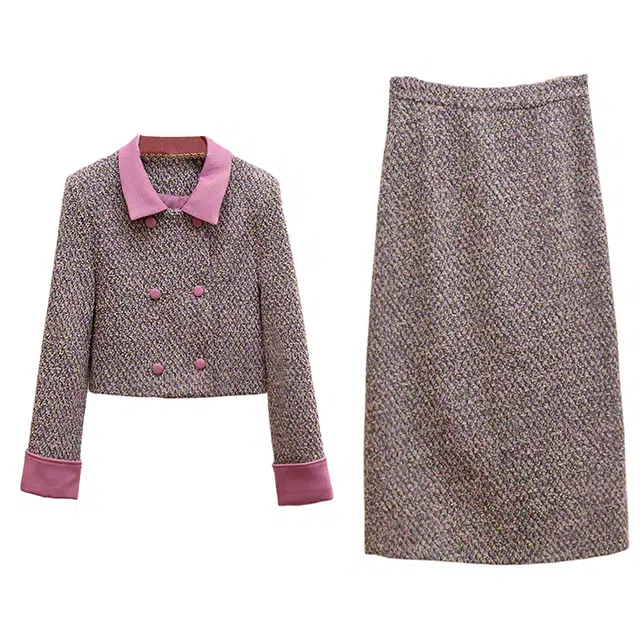 红蜻蜓 粉色小香风编织感短款上衣外套中长款半身裙一整套裙装套装 女款