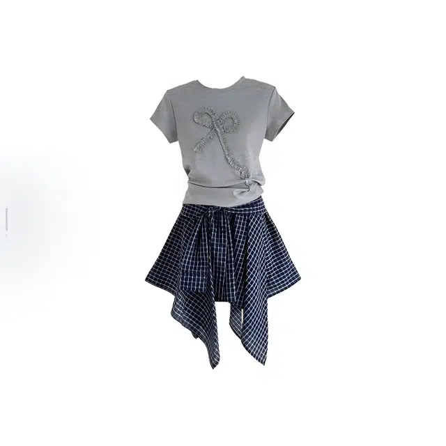 小菊川栗 舒适百搭休闲短袖上衣简约气质优雅半身裙裙装套装 女款