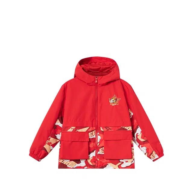 青少年 鸿星尔克儿童 字母印花连帽加厚拉链休闲长袖风衣 东方红