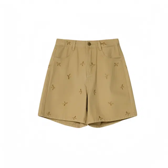 木清清 蝴蝶结刺绣简约牛仔短裤 女款 卡其