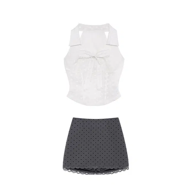 敲模女孩 纯欲风辣妹无袖背心蝴蝶结衬衫上衣高腰波点半身短裙裙装套装 女款