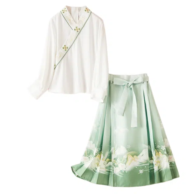 十月妈咪 中式国风长袖百褶半身裙汉服连衣裙马面裙子套装 儿童款 绿色 女童春秋款