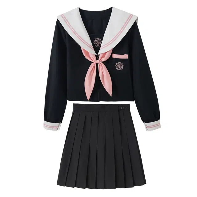 花山家的猫 日式海军领粉色蝴蝶结舒适长袖上衣高腰合身舒适短款百褶裙制服 女款