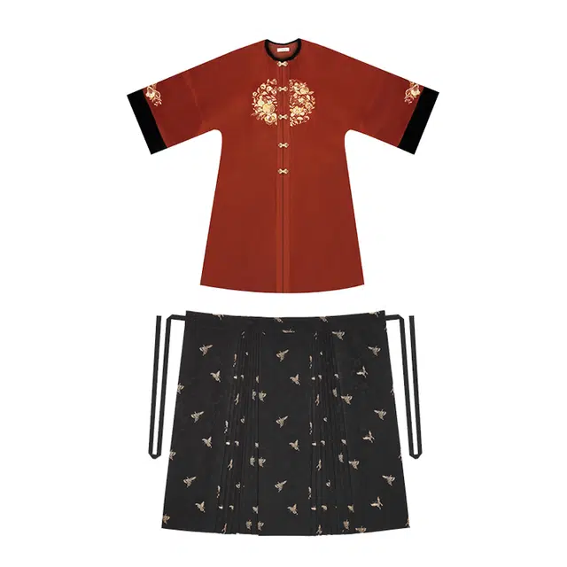 织造司 拼色圆领对襟长袖外套蝴蝶印花马面裙裙装套装 女款