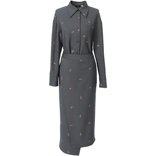 达菲时尚 翻领绣花长袖衬衫高腰不对称半裙裙装套装 女款 灰色